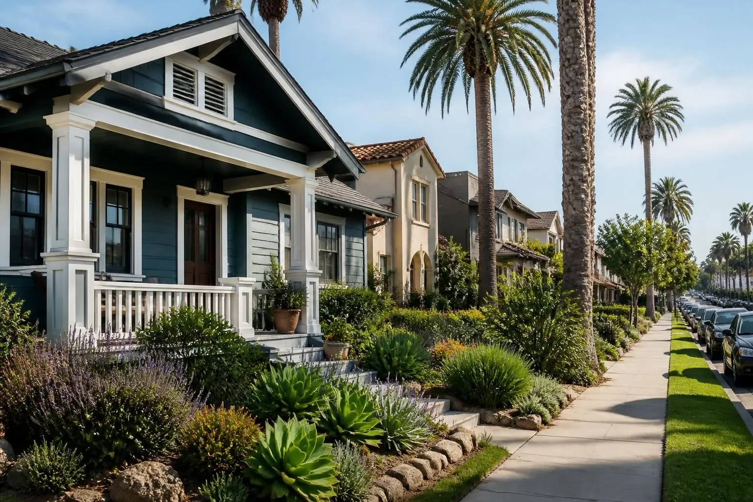 A craftsman bungalow with palm trees and drought-tolerant plants in National City